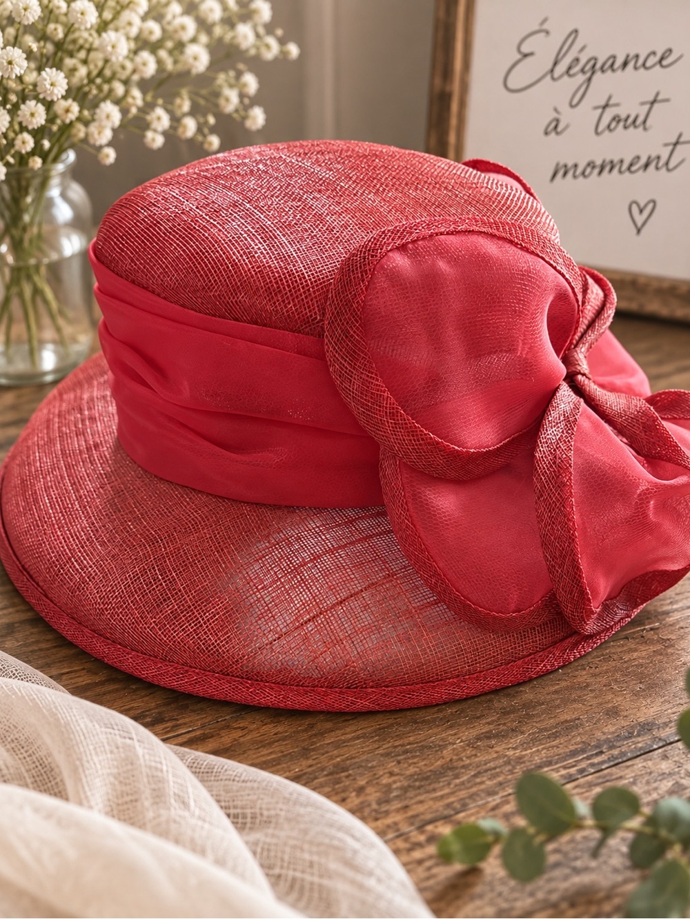 Elegant Red Women's Dress Hat with Bow